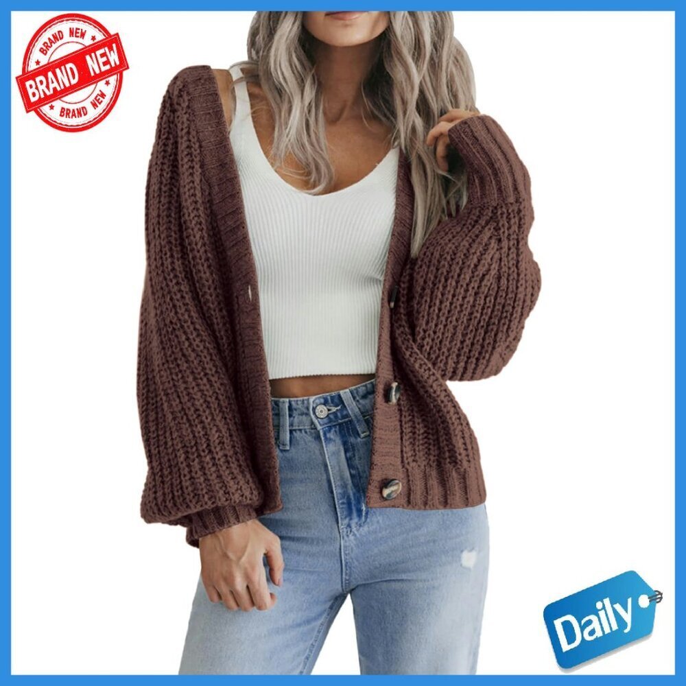 Chunky Knit V-Neck Cardigan, Open Front, Loose Fit, Long Sleeve